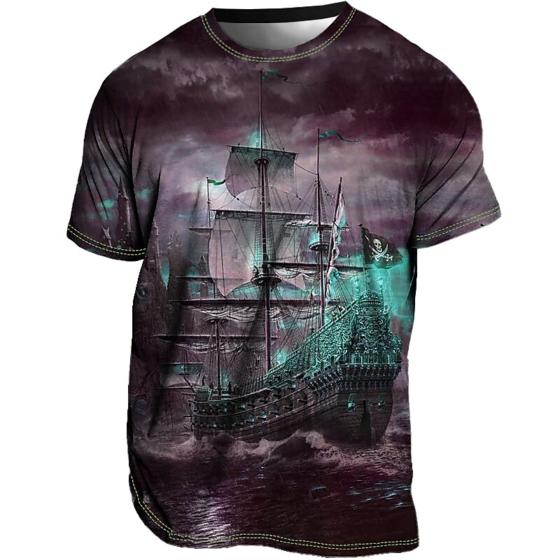 Men's T shirt Graphic Ship Crew Neck Print Outdoor Casual Short Sleeve Print Vintage Top