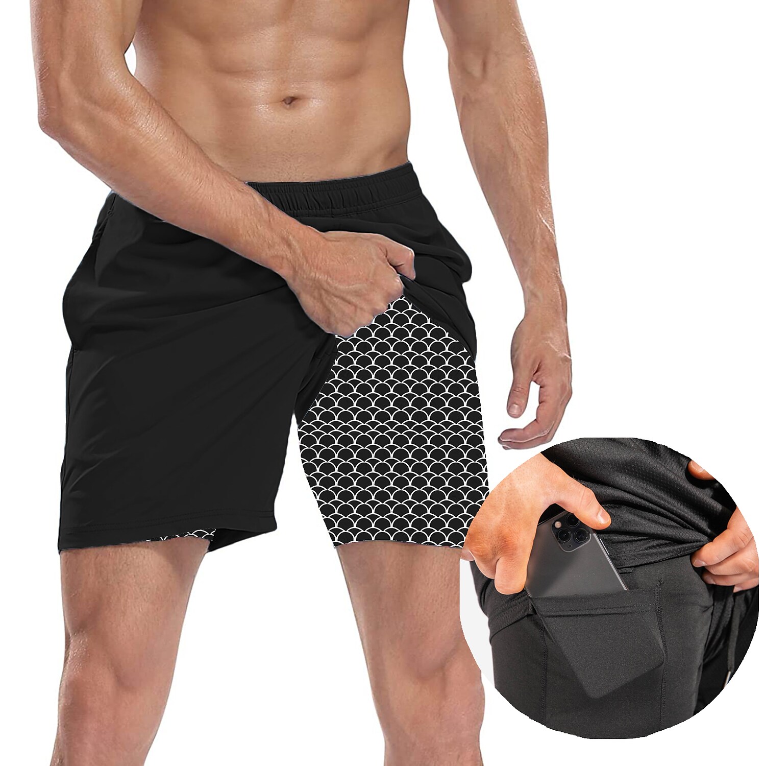 Men's Fitness Quick Dry Drawstring Side Pockets Breathable Printed Pattern Casual Sports Shorts