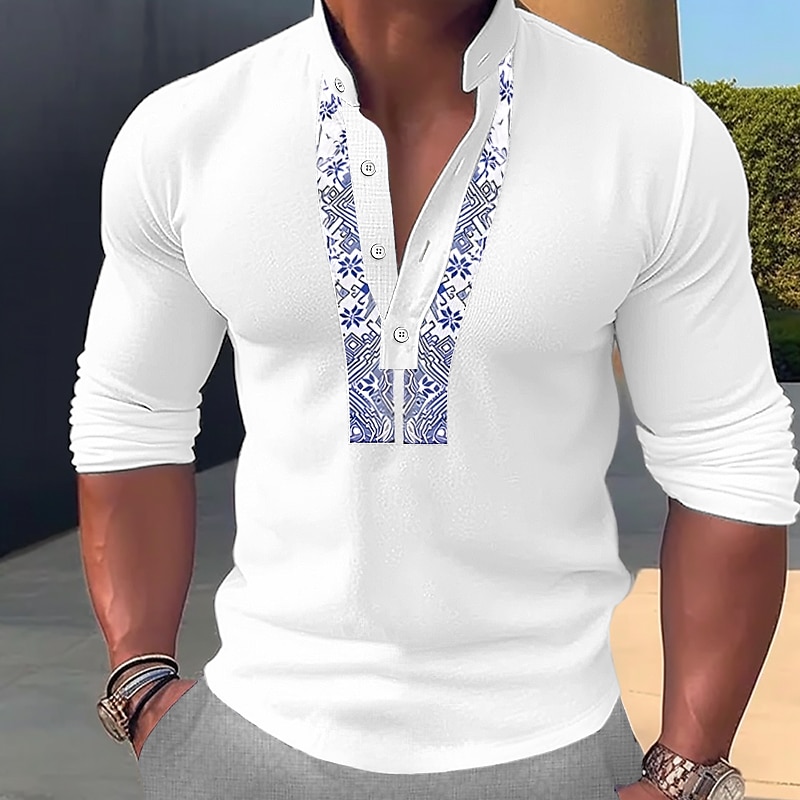 Men's Casual Beach Henley Shirt Long Sleeve Flower / Floral Henley Daily Comfortable Shirt 