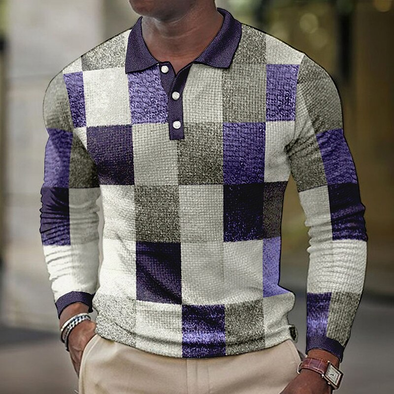 Men's Golf Outdoor Street Casual Breathable Comfortable Soft Plaid Long Sleeves Polo Shirt