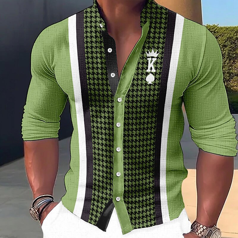 Men's  Linen Shirt Plaid / Check Graphic Smiley Face King Stand Collar Outdoor Street Long Sleeve Print Shirt