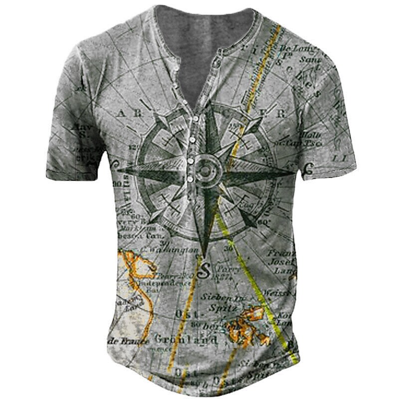 Men's Vintage Nautical Map Print Casual Comfort Short Sleeve T-Shirt