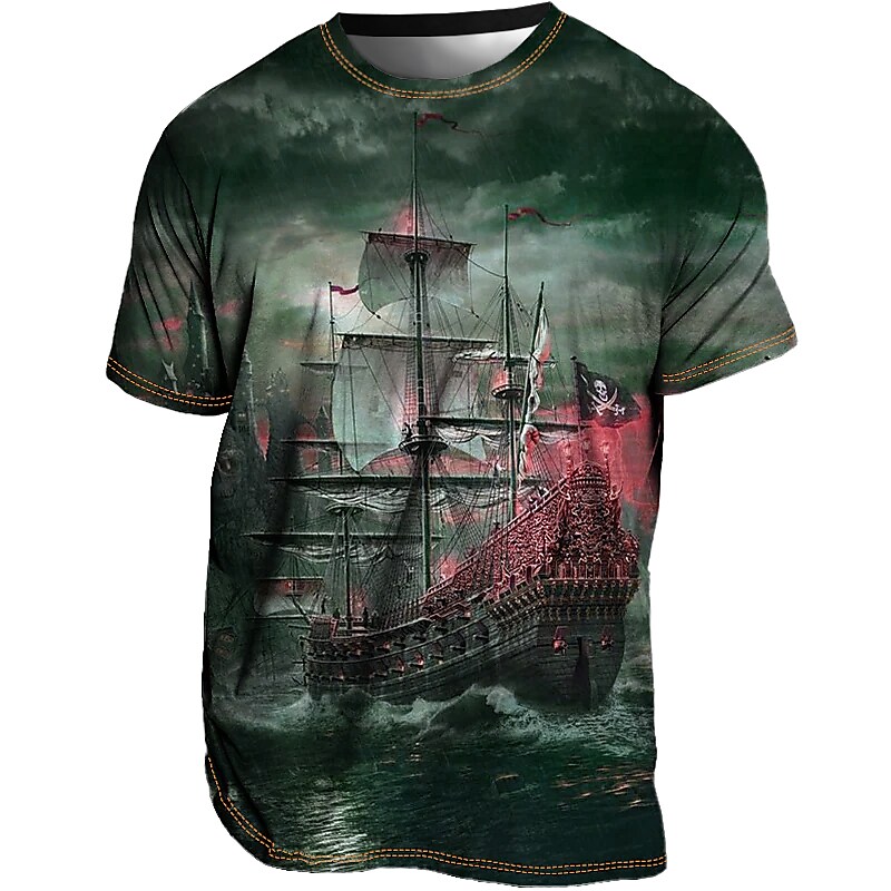 Men's T shirt Graphic Ship Crew Neck Print Outdoor Casual Short Sleeve Print Vintage Top