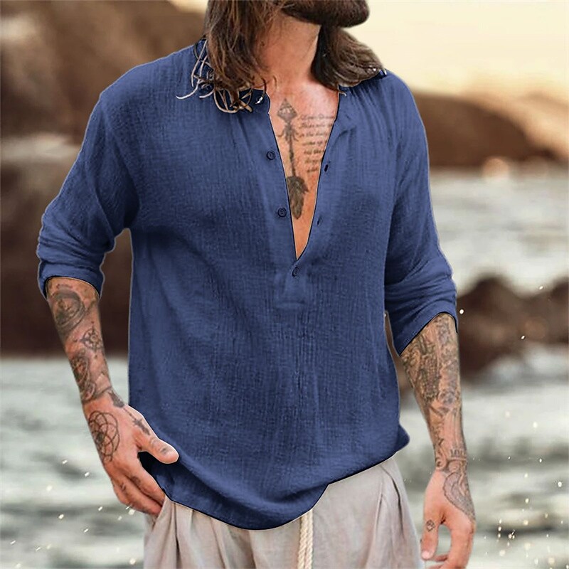 Men's Linen Shirt Summer Shirt Beach Shirt Henley Spring &  Fall Long Sleeve Black White Wine Plain Street Holiday Top