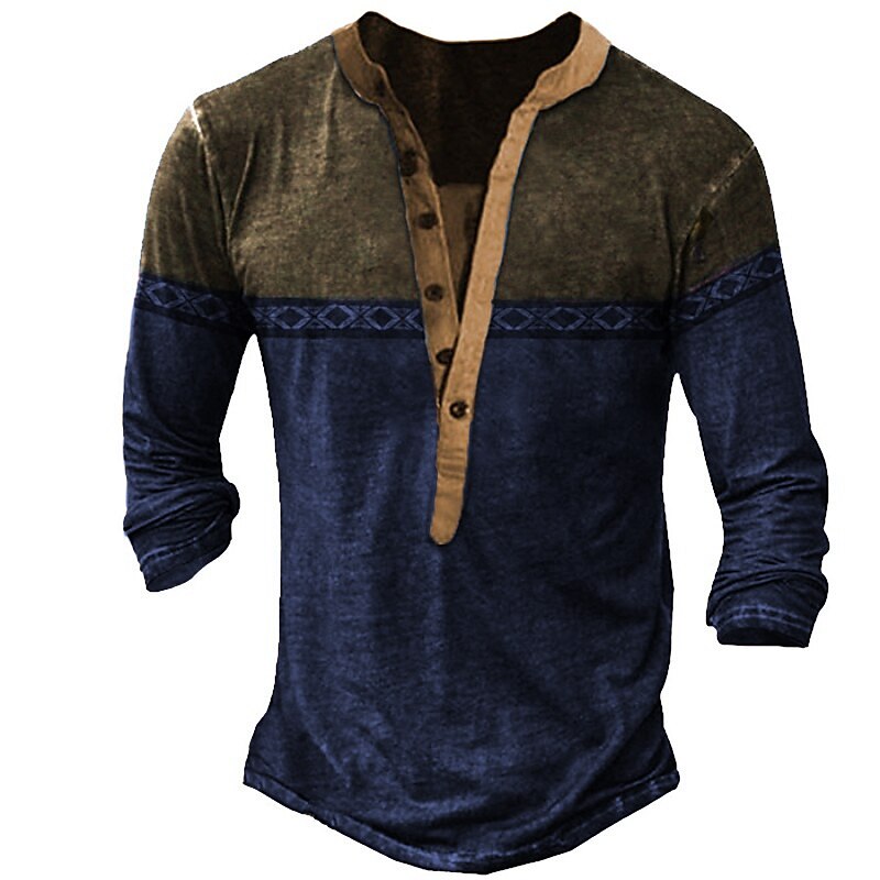 Men's Henley Shirt Color Block Henley Street Vacation Long Sleeve Patchwork Clothing Basic Western Top 