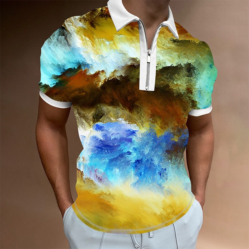 Men's Zip Golf Polo Shirt Galaxy Music Guitar Turndown Outdoor Street Short Sleeves Zipper Top