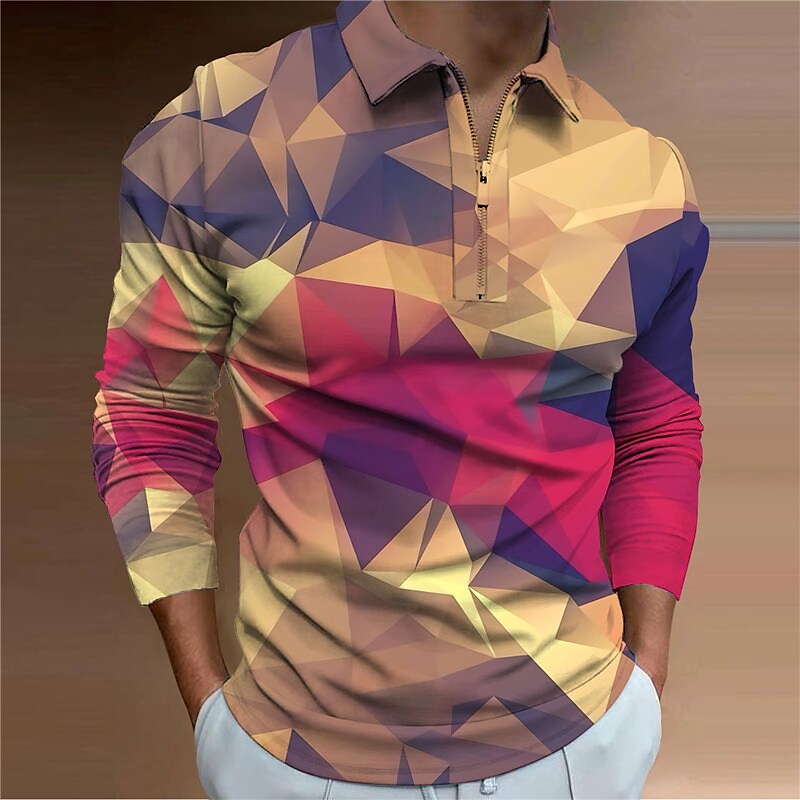 Men's Polo Shirt Golf Shirt Zip Polo Abstract Graphic Prints Geometry