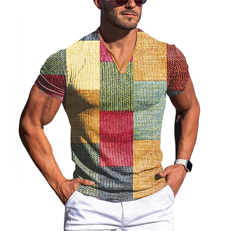 Men's Waffle Casual Outdoor Fashion Comfortable Breathable Soft Print V Neck Short Sleeves T Shirt