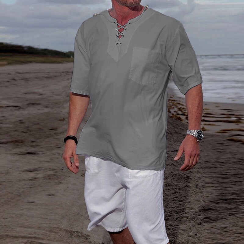 Men's Outdoor Beach Casual Vacation Breathable Quick Dry Lightweight Solid Color V-neck Short Sleeve Henley Shirt