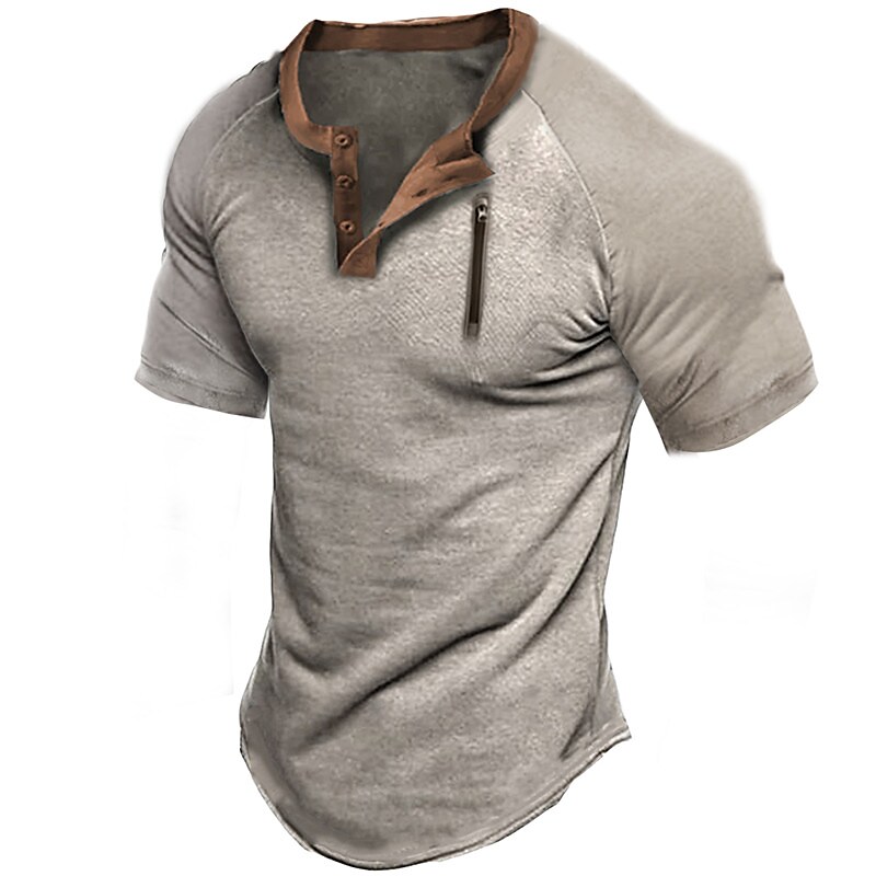 Men's Henley Shirt Color Block 3D Print Outdoor Casual Short Sleeve Patchwork Front Zip Vintage Comfortable Top
