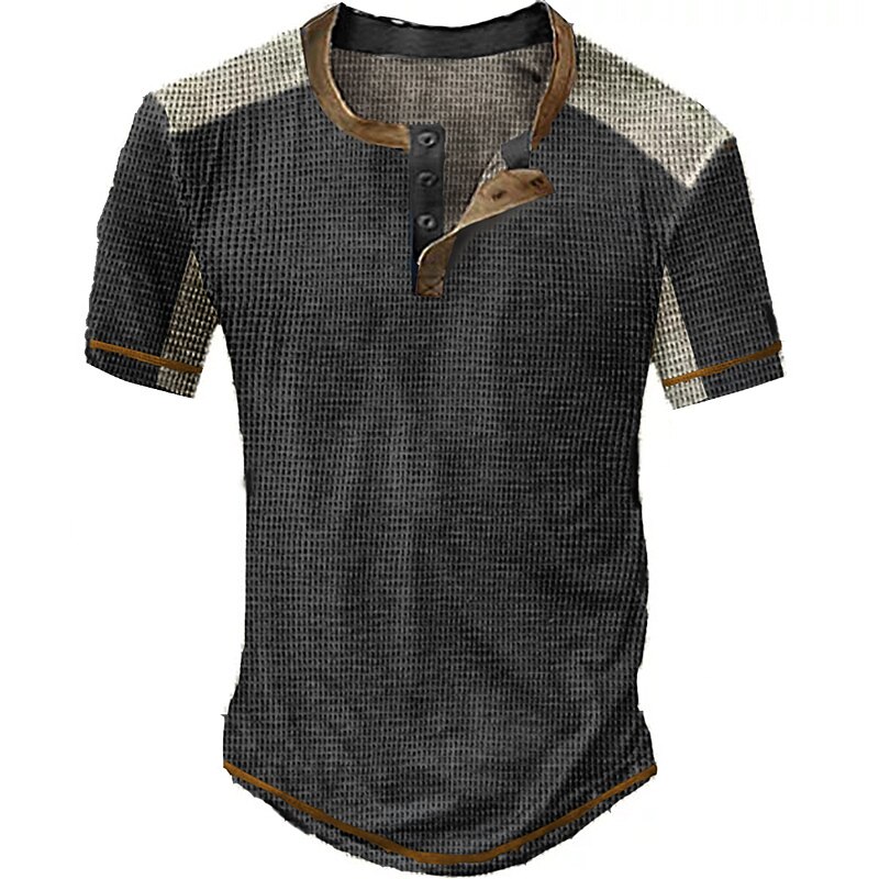 Men's Waffle Outdoor Casual Fashion Comfortable Breathable Soft Print Short Sleeve Henley Shirt 