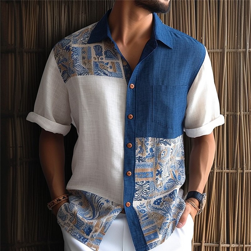 Men's Shirt Linen Shirt Color Block Tribal Graphic Prints Vintage Turndown Short Sleeves Print Linen Casual Soft Top