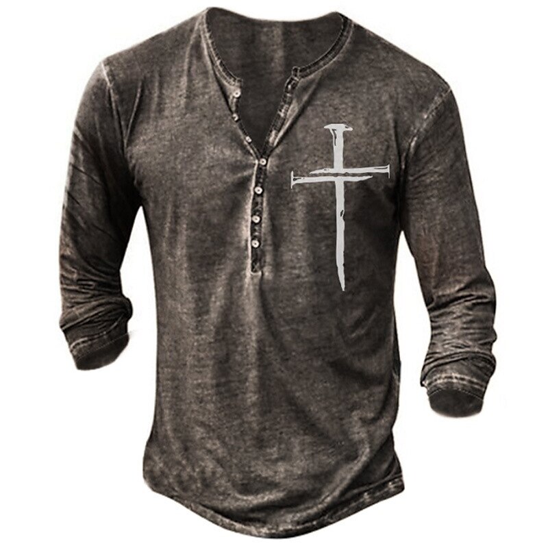 Men's T Shirt Patterned Cross V Neck Button-Down Long Sleeve Black Light Brown Gray Casual Daily Tops  Vintage T Shirts