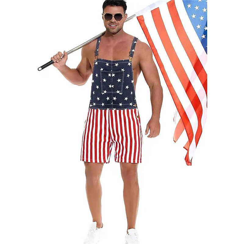 Men's Bib Jumpsuit Overall Shorts Pocket Print National Flag Comfort Breathable Short Casual Independence Day 