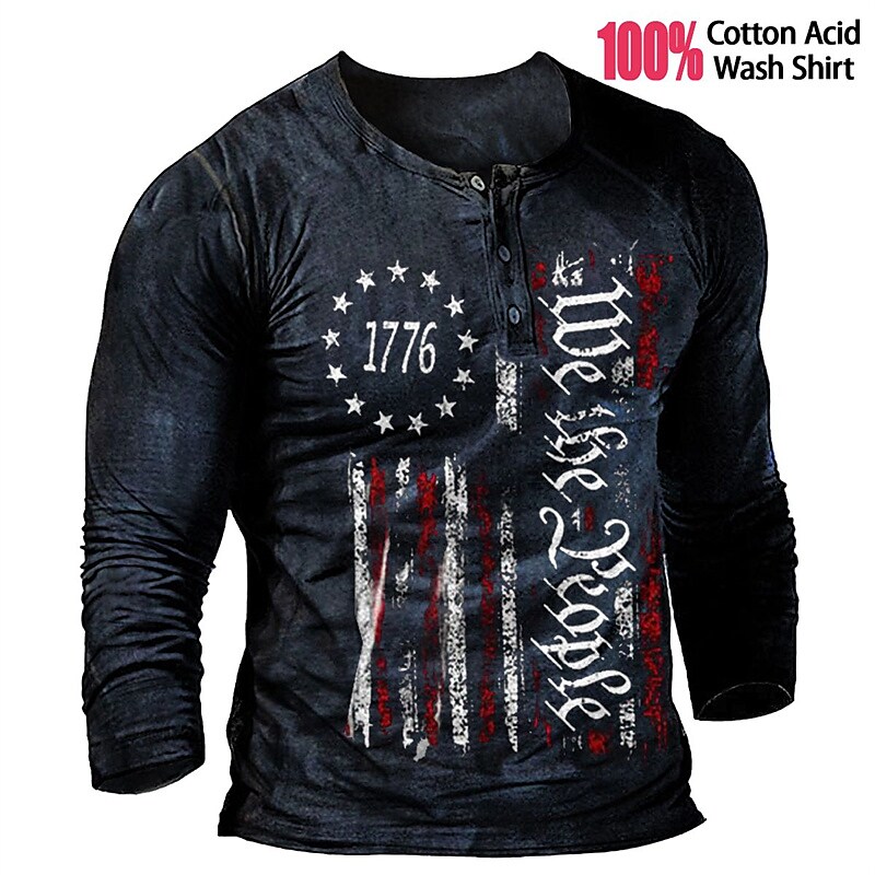 Men's Henley Shirt Graphic 100% Cotton Acid Wash Shirt Graphic Prints National Flag Henley Hot Stamping Casual Wear Long Sleeve Top