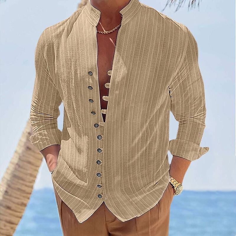 Men's Vacation Outdoor Beach Fashion Comfortable Breathable Light Stripes Long Sleeve Shirt