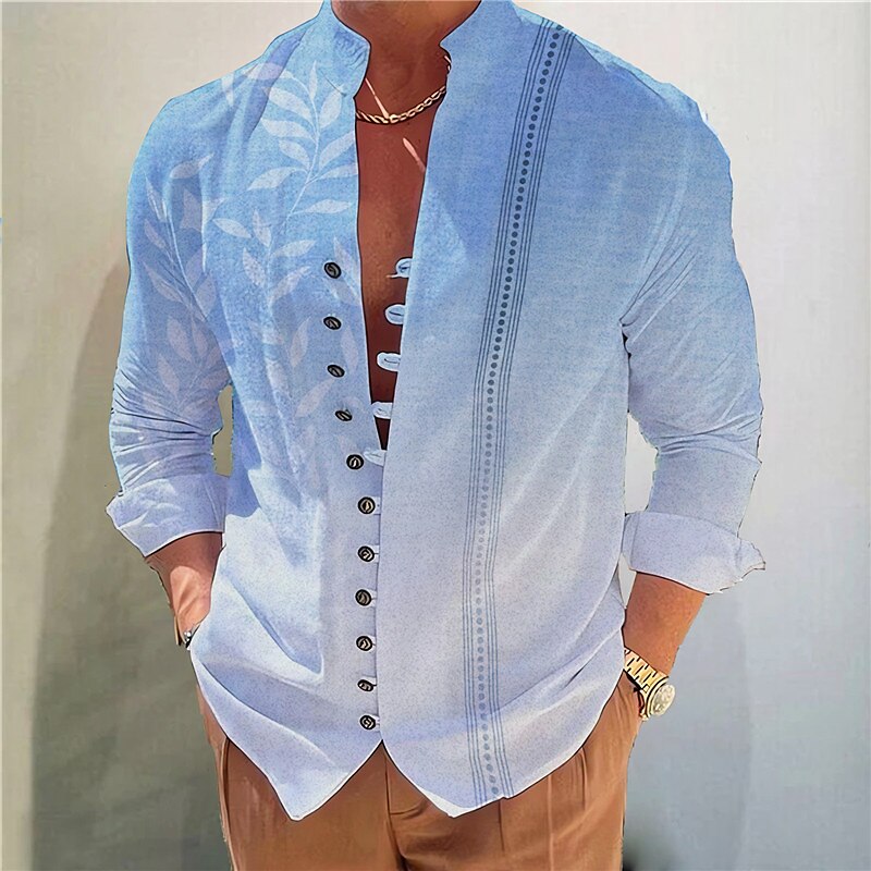 Men's Outdoor Street Fashion Casual Breathable Comfortable Light Print Stand Collar Long Sleeve Shirt