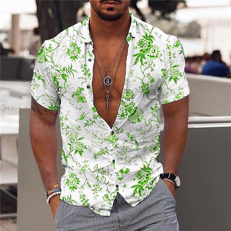 Men's Graphic Floral Leaves Turndown 3D Print Outdoor Street Short Sle