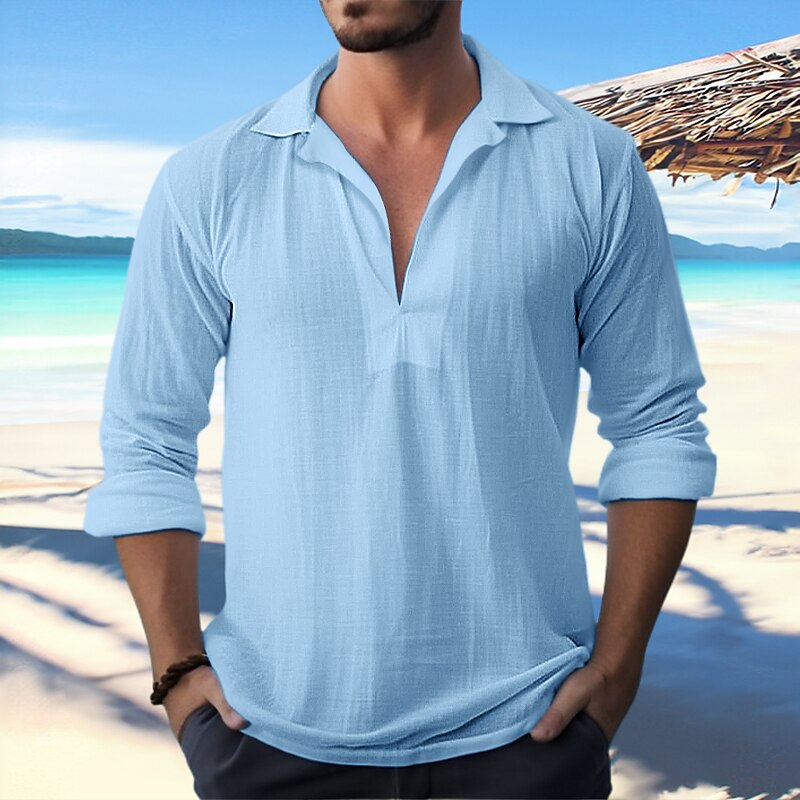 Men's Linen Casual Beach Shirt Long Sleeve Plain Turndown Casual Daily