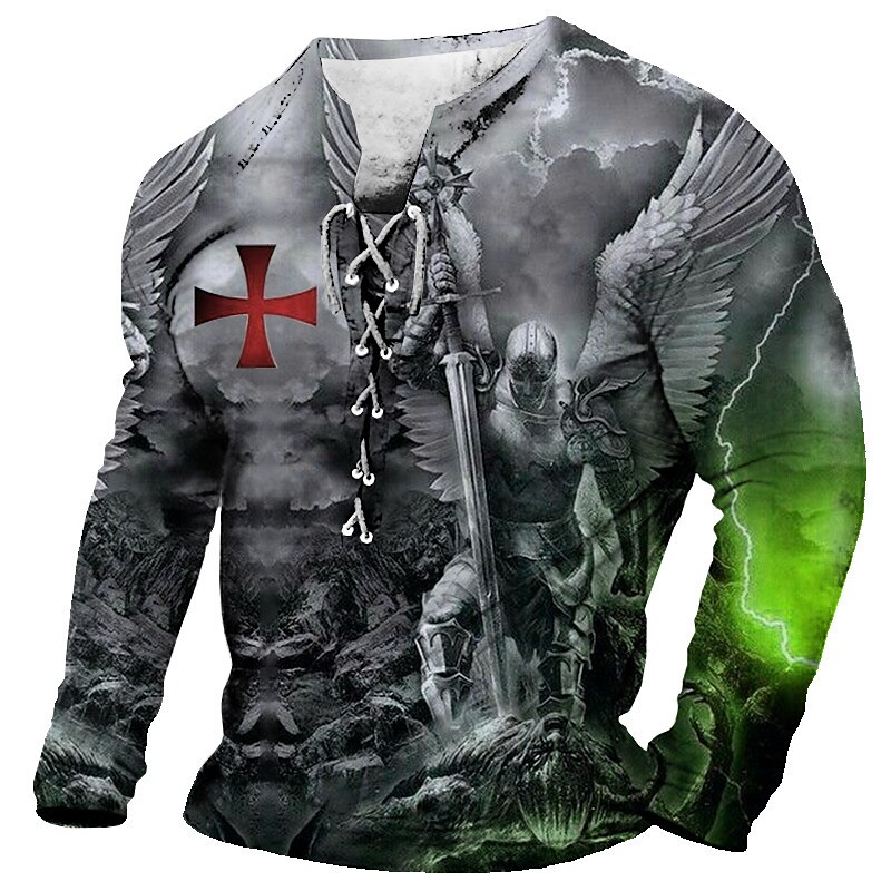 Men's T shirt Graphic Knights Templar Collar Print Daily Going out Long Sleeve Lace up Comfortable Top
