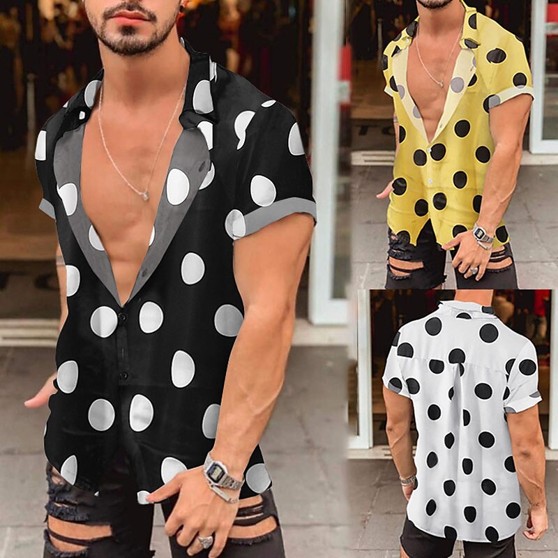 Men's Button Up Summer Casual Shirt Short Sleeve Polka Dot Lapel Outdo