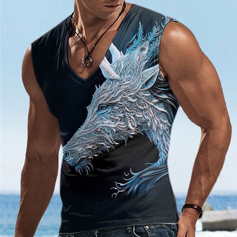 Men's Vest Muscle Sport Sleeveless Animal Print Graphic V-Neck T-Shirt