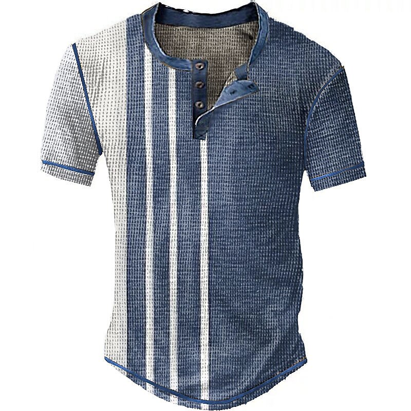Men's Waffle Casual Outdoor Fashion Comfortable Breathable Striped Print Short Sleeves Henley Shirt