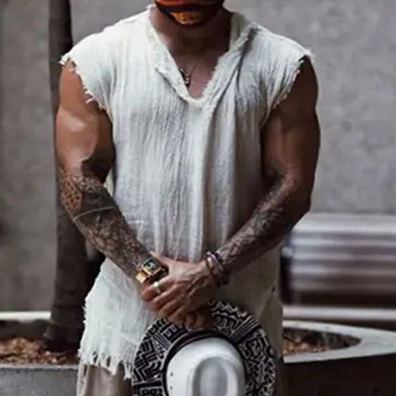 Men's Linen Shirt Summer Shirt Beach Shirt V Neck Summer Sleeveless Plain Holiday Vacation Top