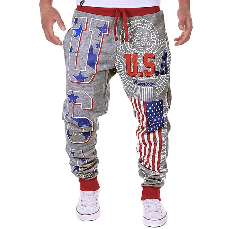 Men's Sweatpants Trousers Chinos Drawstring Elastic Waist Letter National Flag Length Weekend Basic Top