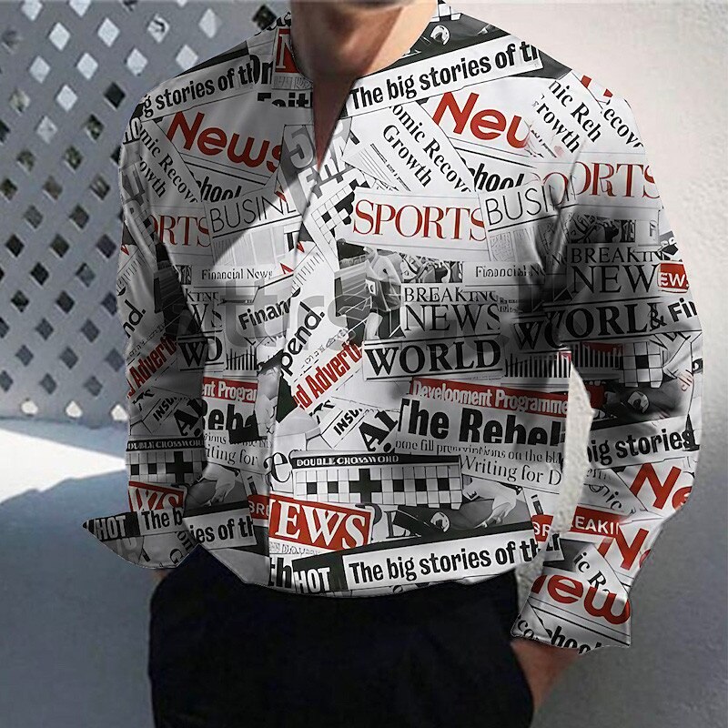 Men's Shirt Letter Text Graphic Prints V Neck Street Long Sleeve Print Fashion Streetwear Casual Shirt 