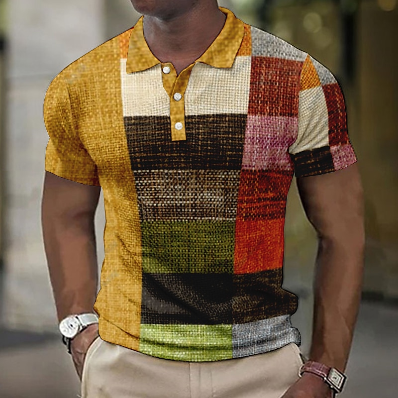 Men's Waffle Outdoor Golf Fashion Street Casual Breathable Light Comfortable Plaid Short Sleeve Polo Shirt