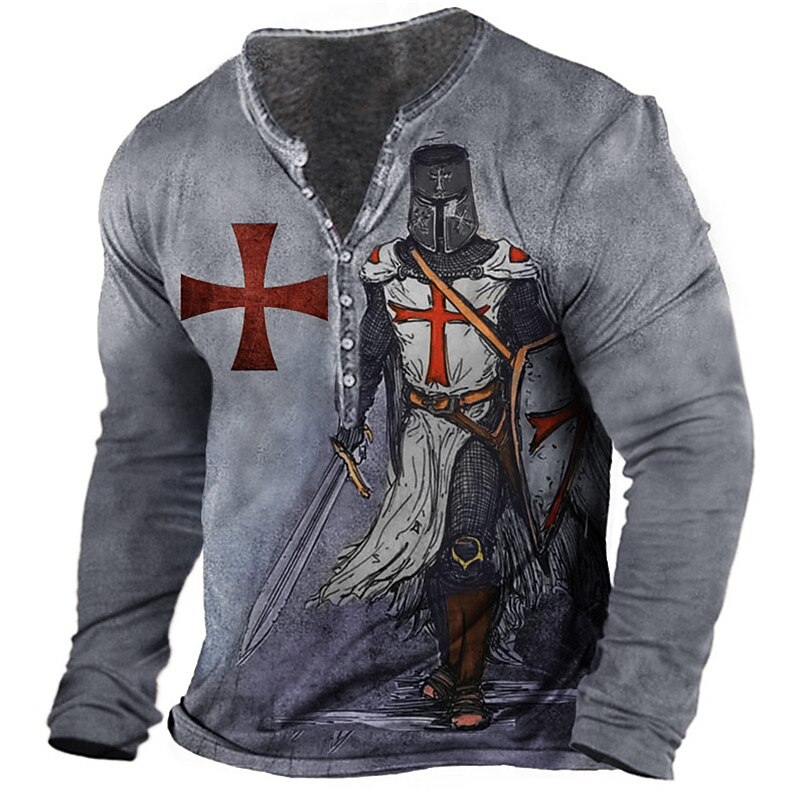 Men's Henley Shirt  Graphic Templar Cross Soldier Henley Print Plus Size Outdoor Daily Long Sleeve Button-Down T shirt
