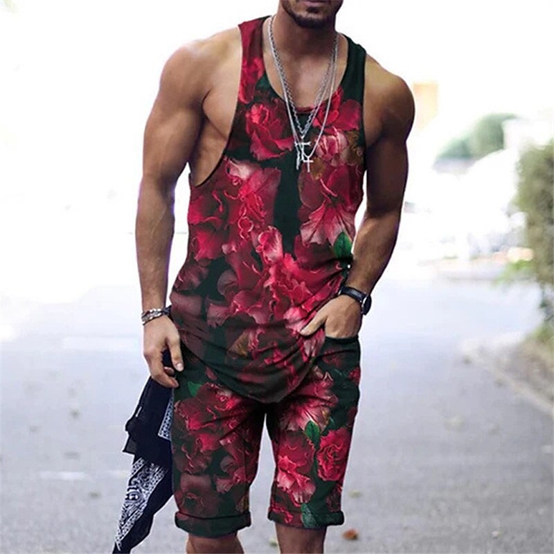 Men's Tank Shorts and T Shirt Set Outfits Graphic Lion Flower / Floral Crew Neck Outdoor Daily Sleeveless 2 Piece Set