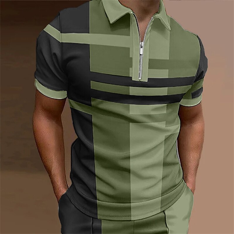  Shirt Lapel Quarter Basic Plaid Quarter Zip Summer Regular Fit Red Blue Purple Brown Green Gray Polo Shirt