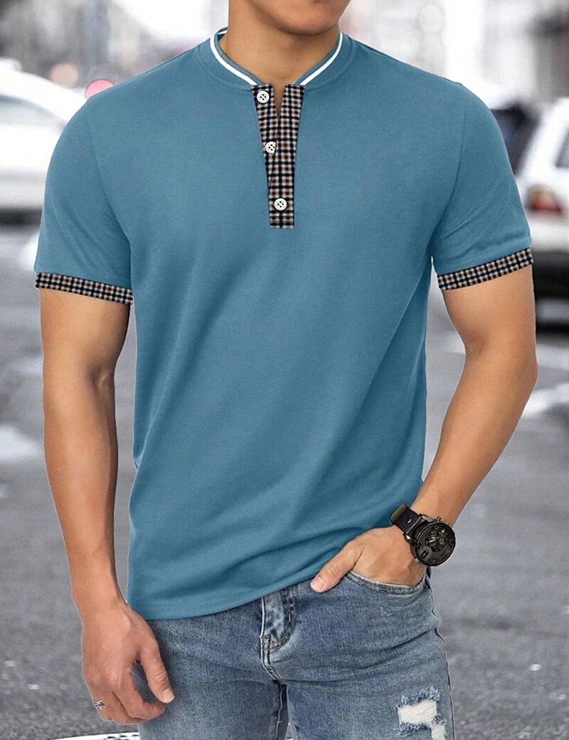 Men's Henley Shirt Plain Plaid / Check Henley Street Vacation Short Sleeves Patchwork Clothing Apparel Fashion Designer Basic Top 