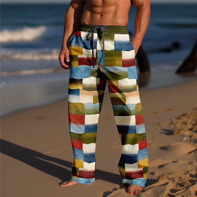 Men's Pants Beach Pants Drawstring Elastic Waist 3D Print Plaid Stripe Geometry Comfort Casual Daily Trousers  