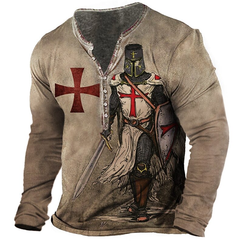 Men's Henley Shirt  Graphic Templar Cross Soldier Henley Print Plus Size Outdoor Daily Long Sleeve Button-Down T shirt