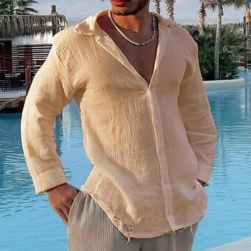 Men's Outdoor Beach Casual Comfortable Breathable Lightweight Solid Color Lapel Long Sleeve Shirt