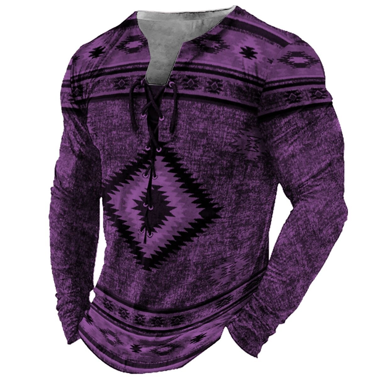 Men's T shirt Graphic Tribal Collar Print Outdoor Street Long Sleeve Lace up Clothing Casual Top