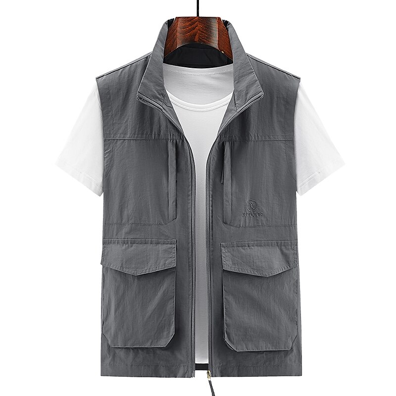 Men's Outdoor Fishing Climbing Casual Breathable Muti-pockets Zipper Light Plain Stand Collar Sleeveless Gilet