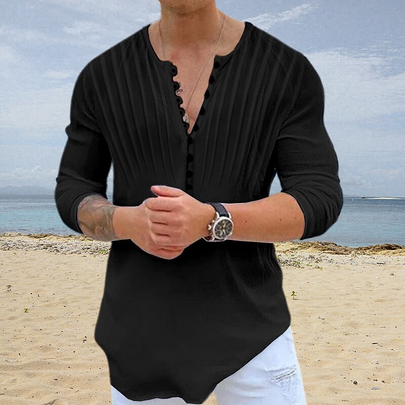 Men's Outdoor Beach Casual Vacation Breathable Quick Dry Comfortable Solid Color Round Neck Long Sleeve Henley Shirt