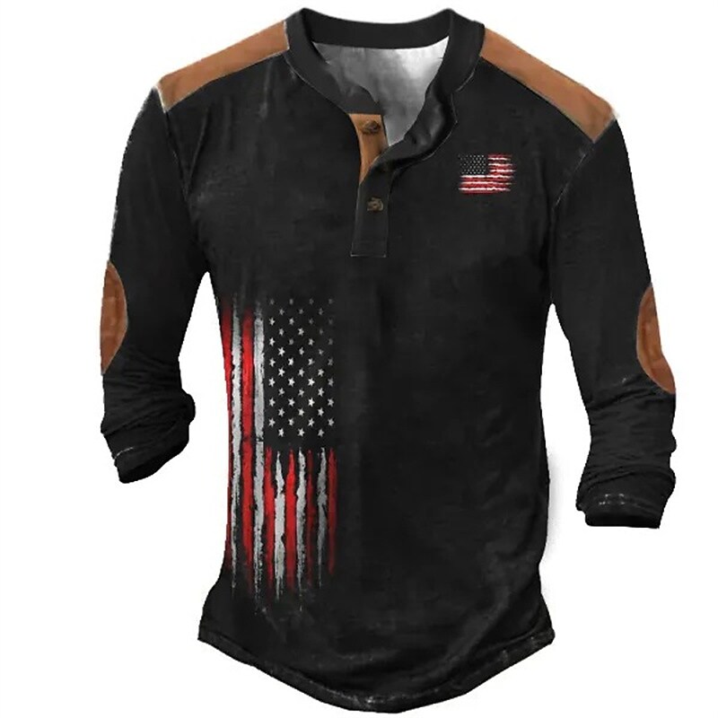 Men's Henley Tee Graphic American Flag National Flag Henley 3D Print Outdoor Casual Long Sleeve Top