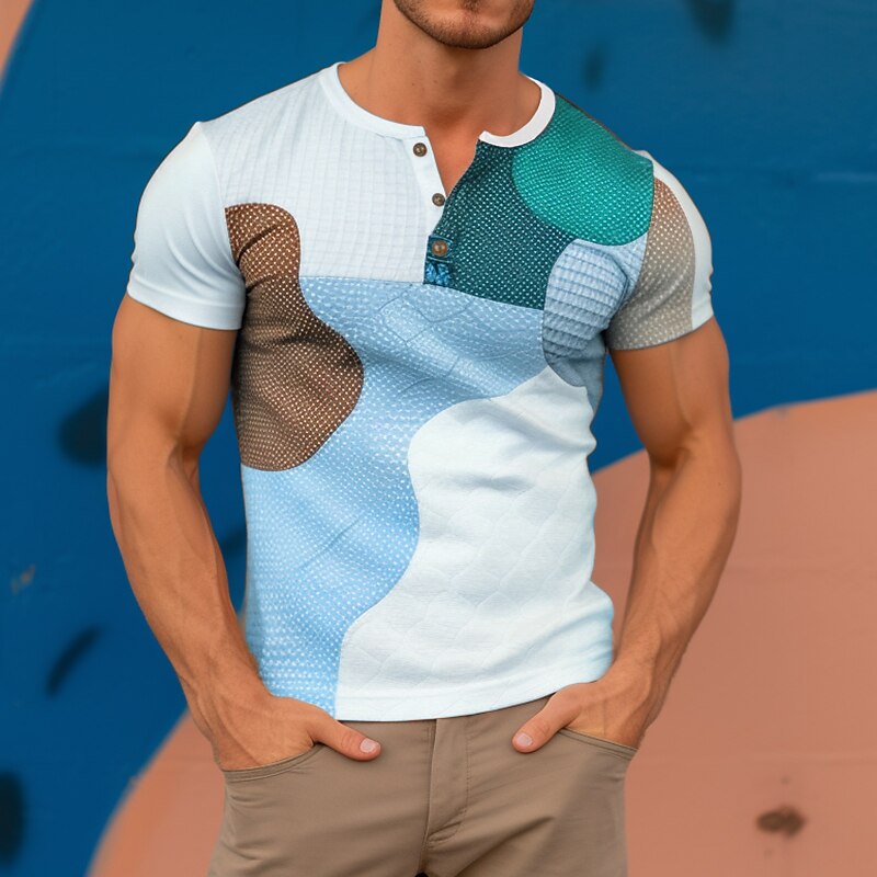 Men's Henley Shirt Tee Top Color Block Henley Street Vacation Short Sleeves Clothing Apparel Fashion Basic Top