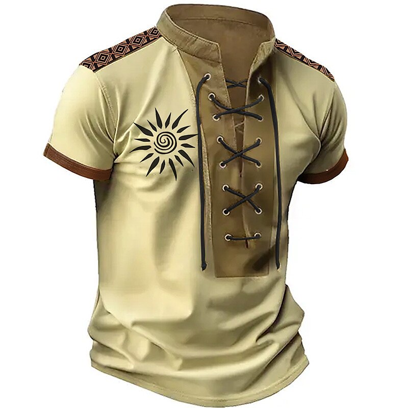 Men's T shirt Graphic Color Block Sun Stand Collar Print Daily Sports Short Sleeve Lace up Vintage Henley Shirt