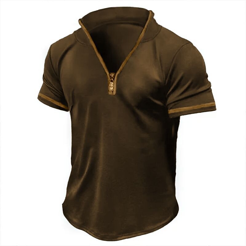 Men's Outdoor Casual Street Vacation Comfortable Breathable Light Plain Zipped Short Sleeve Shirt