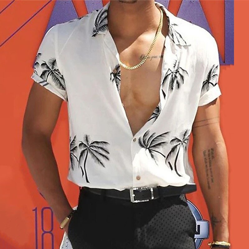 Men's Summer Hawaiian Shirt Button Up Beach Shirt Short Sleeve Tree Tu