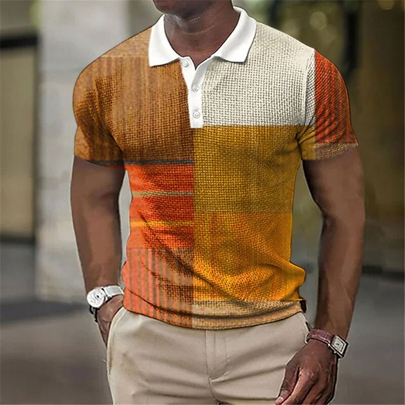 Men's Waffle Golf Outdoor Street Casual Breathable Comfortable Light Lapel Prints Short Sleeve Polo Shirt
