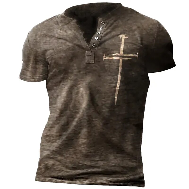 Men's Henley Shirt Graphic Cross 3D Print Outdoor Daily Short Sleeve Button-Down Top