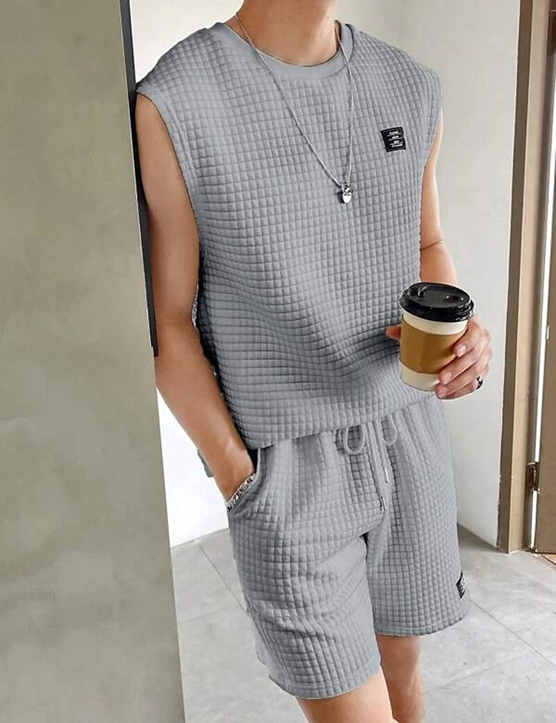 Men's Outdoor Vacation Casual Comfortable Breathable Soft Plain Vest Top Shorts Suit