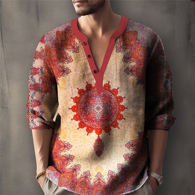 Men's Linen Shirt Graphic Prints Vintage Totem Stand Collar Outdoor Street Long Sleeve Print Clothing Casual Shirt 